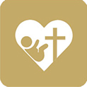 An icon of a priest and a cross inside a heart